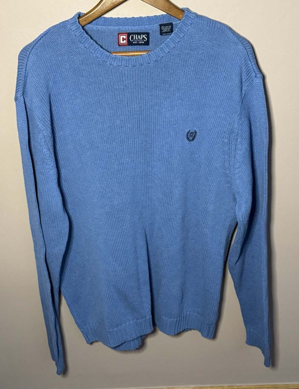 Chaps Sweater Men XL Crewneck Pullover Embroidery Logo Blue 100% Cotton